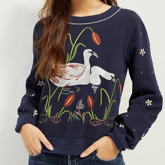 By Anthropologie Maeve Swan Lake Embroidered Navy Sweater - Picture 1 of 13